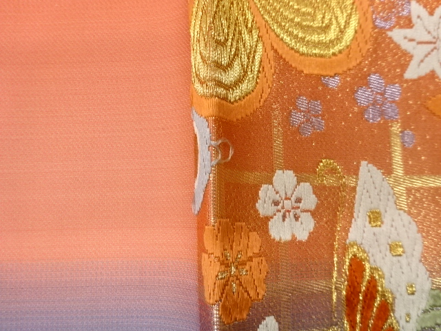  格子に梅・蝶・花々模様織出し袋帯